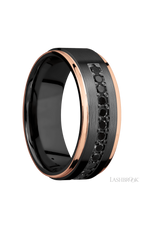 8 mm wide/Flat Grooved Edges/Zirconium band with a Half Eternity arrangement of .03 carat Round Black Diamond stones in a Bead setting and featuring two 1 mm Edge inlays of 14K Rose Gold