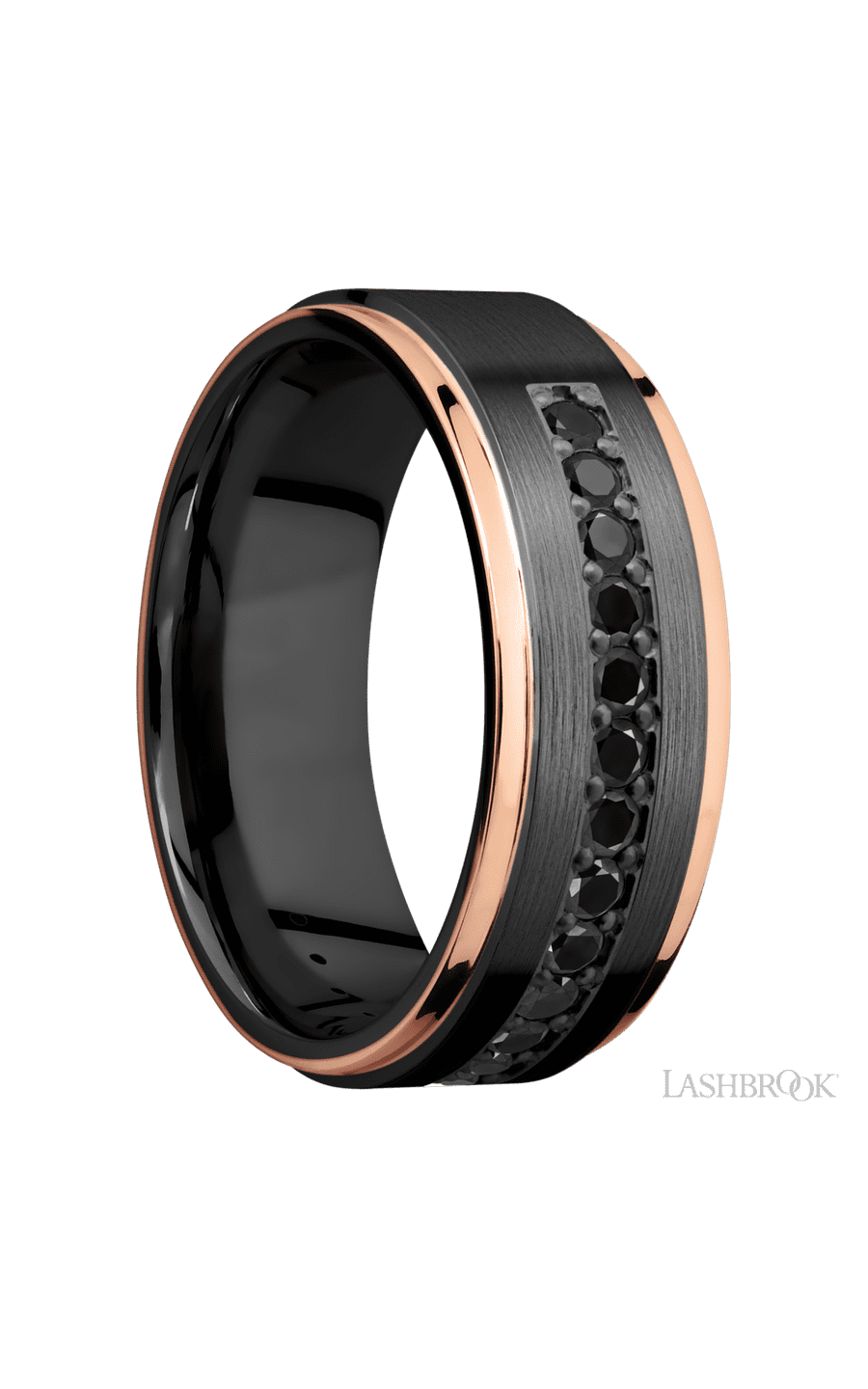8 mm wide/Flat Grooved Edges/Zirconium band with a Half Eternity arrangement of .03 carat Round Black Diamond stones in a Bead setting and featuring two 1 mm Edge inlays of 14K Rose Gold
