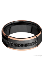8 mm wide/Flat Grooved Edges/Zirconium band with a Half Eternity arrangement of .03 carat Round Black Diamond stones in a Bead setting and featuring two 1 mm Edge inlays of 14K Rose Gold