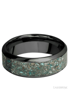 8 mm wide/High Bevel/Zirconium band with one 5 mm Centered inlay of Ocean Jasper.