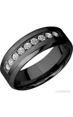 8 mm wide/High Bevel/Zirconium band with an  arrangement of 9, .05 carat Round Diamond stones in a Bead setting.