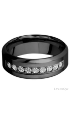 8 mm wide/High Bevel/Zirconium band with an  arrangement of 9, .05 carat Round Diamond stones in a Bead setting.