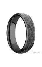 6 mm wide/Domed/Zirconium band with one 4 mm Centered inlay of Forged Carbon Fiber.