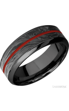 8 mm wide/High Bevel/Zirconium band featuring inlays of Forged Carbon Fiber and Red Apple.