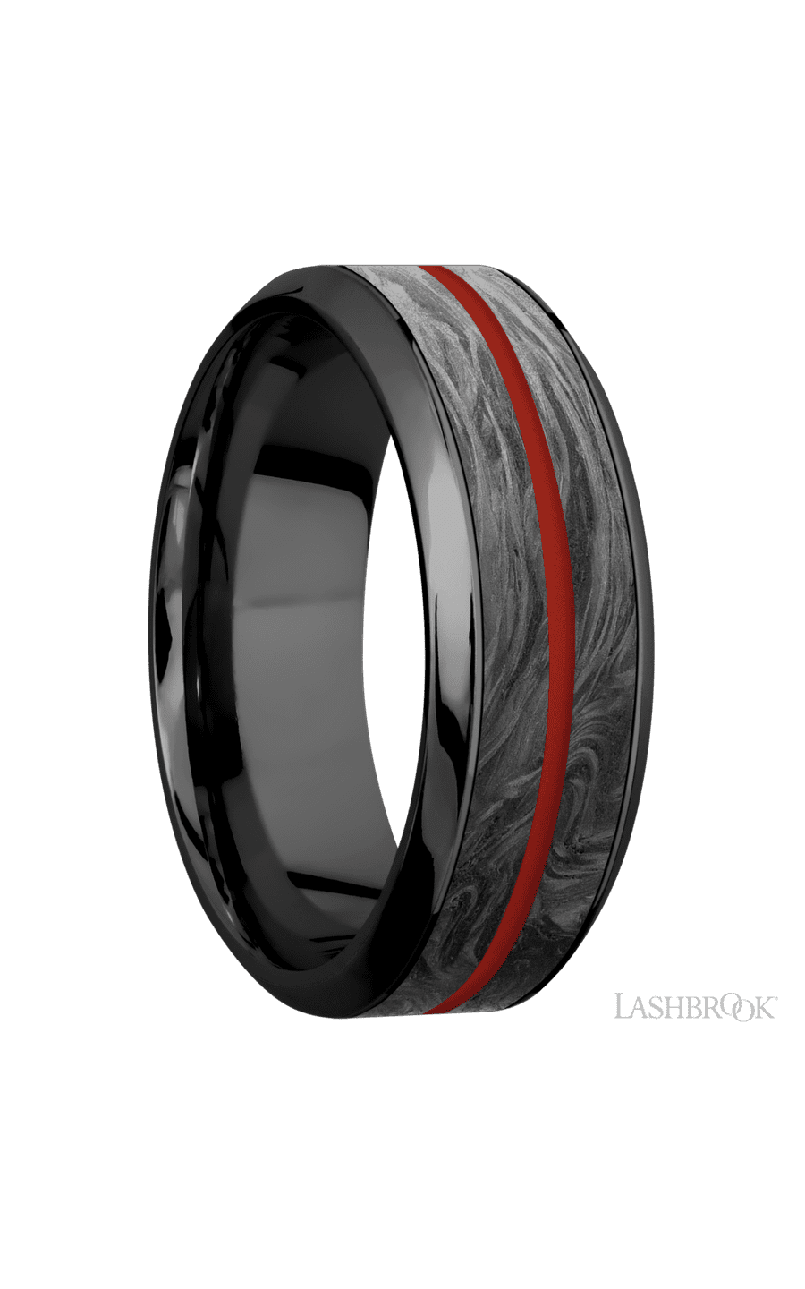 8 mm wide/High Bevel/Zirconium band featuring inlays of Forged Carbon Fiber and Red Apple.