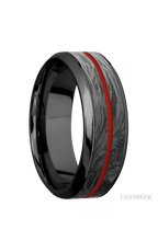 8 mm wide/High Bevel/Zirconium band featuring inlays of Forged Carbon Fiber and Red Apple.