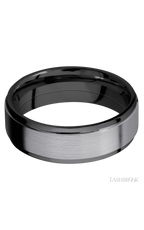 7 mm wide/Flat Grooved Edges/Zirconium band with one 5 mm Raised Centered inlay of Tantalum.