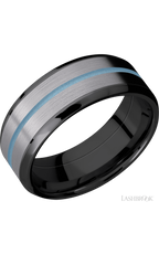 8 mm wide/Beveled/Zirconium band featuring inlays of Tantalum and Polar Blue.