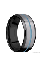 8 mm wide/Beveled/Zirconium band featuring inlays of Tantalum and Polar Blue.