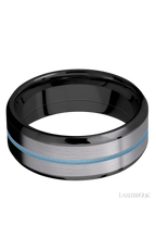 8 mm wide/Beveled/Zirconium band featuring inlays of Tantalum and Polar Blue.
