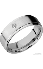 7 mm wide/Flat Grooved Edges/14K White Gold band with an  arrangement of 1, .1 carat Round Diamond stones in a Flush setting.