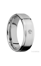 7 mm wide/Flat Grooved Edges/14K White Gold band with an  arrangement of 1, .1 carat Round Diamond stones in a Flush setting.