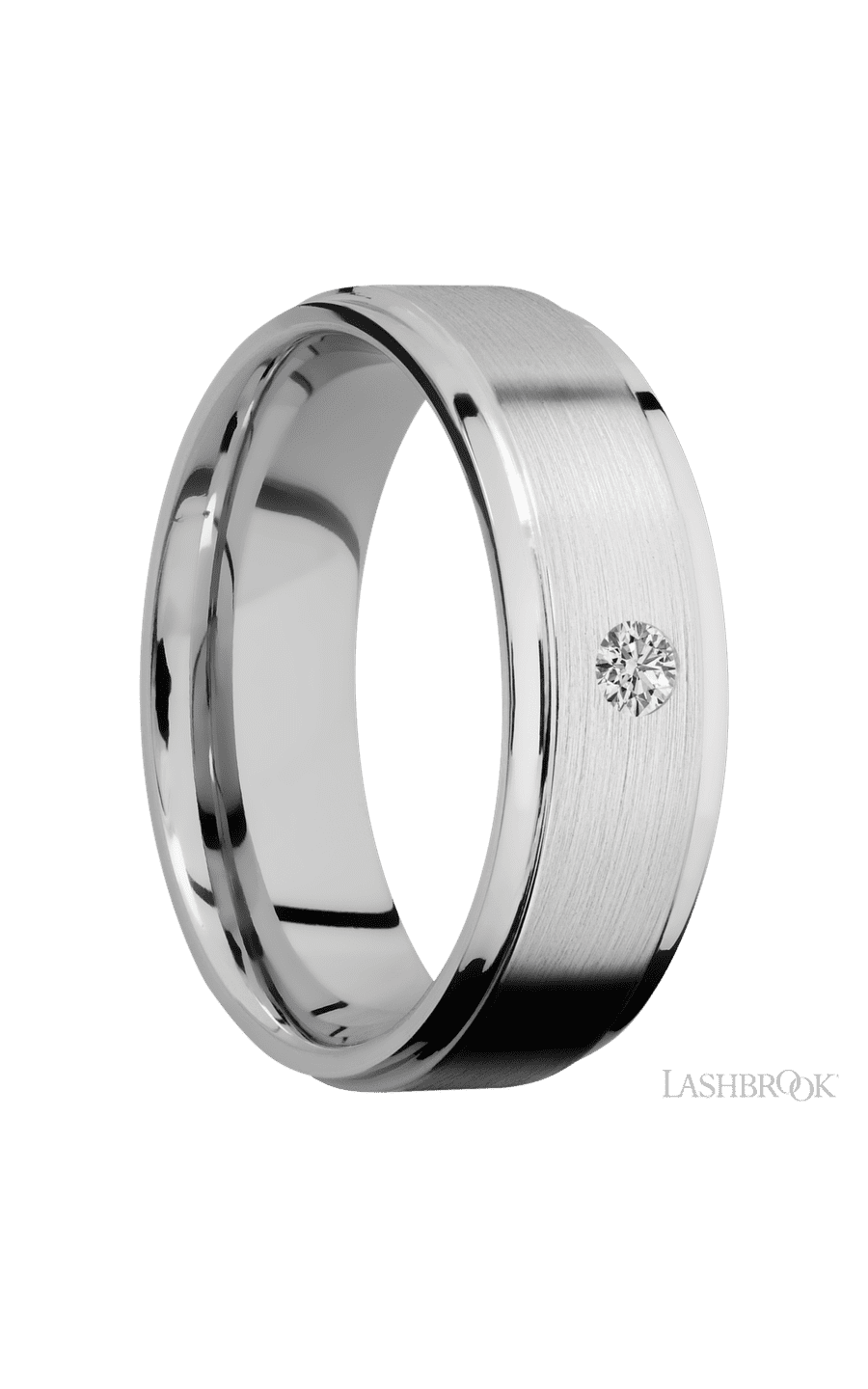 7 mm wide/Flat Grooved Edges/14K White Gold band with an  arrangement of 1, .1 carat Round Diamond stones in a Flush setting.