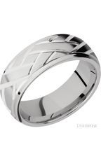 8 mm wide/Domed Stepped Down Edges/14K White Gold band with a machined Lattice pattern.
