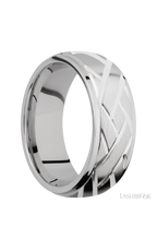 8 mm wide/Domed Stepped Down Edges/14K White Gold band with a machined Lattice pattern.