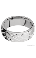 8 mm wide/Domed Stepped Down Edges/14K White Gold band with a machined Lattice pattern.