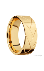 8 mm wide/Flat/14K Yellow Gold band with a machined Flatbraid pattern.