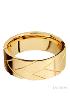 8 mm wide/Flat/14K Yellow Gold band with a machined Flatbraid pattern.