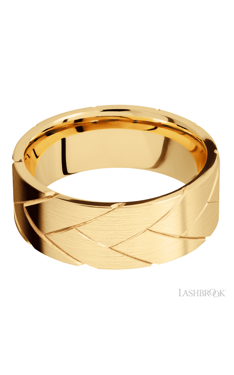 8 mm wide/Flat/14K Yellow Gold band with a machined Flatbraid pattern.