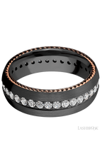 7 mm wide/Domed/Zirconium band with  two 1 mm Sidebraid inlays of 14K Rose Gold and featuring an Eternity arrangement of .03 carat Round Lab Grown Diamond stones in a Bead setting