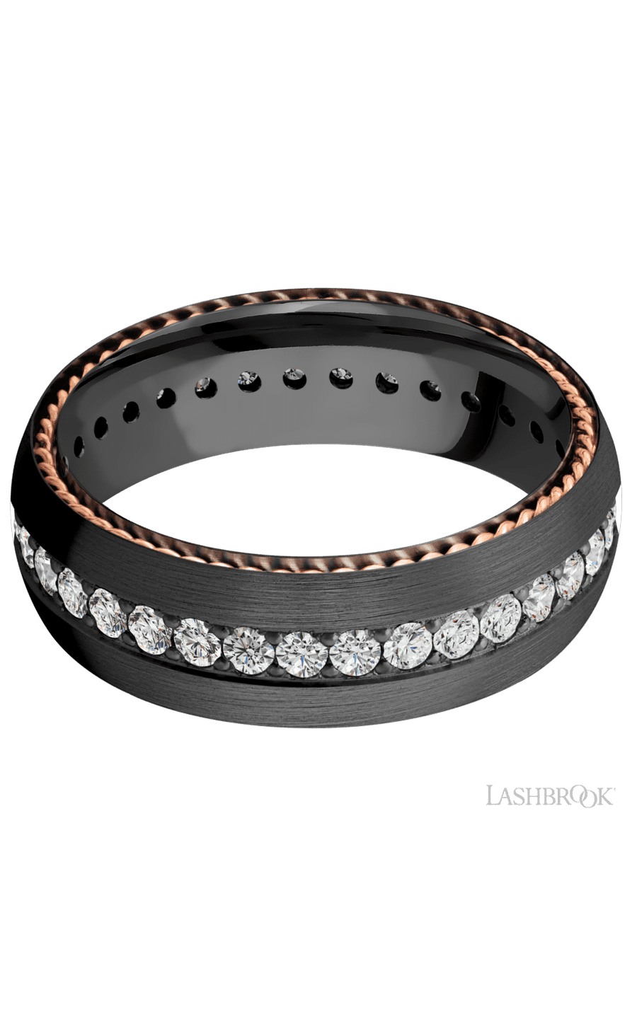 7 mm wide/Domed/Zirconium band with  two 1 mm Sidebraid inlays of 14K Rose Gold and featuring an Eternity arrangement of .03 carat Round Lab Grown Diamond stones in a Bead setting