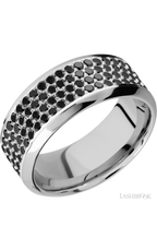 9 mm wide/High Bevel/14K White Gold band with a 4 Row Half Eternity arrangement of .015 carat Round Black Diamond stones in a Bead Channel setting.