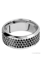 9 mm wide/High Bevel/14K White Gold band with a 4 Row Half Eternity arrangement of .015 carat Round Black Diamond stones in a Bead Channel setting.