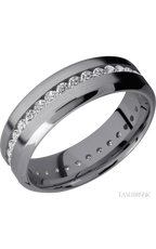 7 mm wide/High Bevel/Tantalum band with an Eternity arrangement of .03 carat Round Lab Grown Diamond stones in a Channel setting.