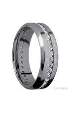7 mm wide/High Bevel/Tantalum band with an Eternity arrangement of .03 carat Round Lab Grown Diamond stones in a Channel setting.