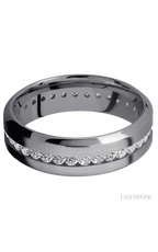7 mm wide/High Bevel/Tantalum band with an Eternity arrangement of .03 carat Round Lab Grown Diamond stones in a Channel setting.