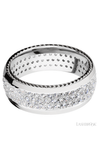 8 mm wide/Domed/14K White Gold band with  two 1 mm Sidebraid inlays of 14K White Gold and featuring a 3 Row Eternity arrangement of .015 carat Round Diamond stones in a Bead Channel setting