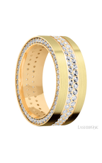 8 mm wide/Flat/14K Yellow Gold band with a Side Eternity arrangement of .01 carat Round Diamond stones in a Bead Channel setting and featuring a a 2 Row Eternity arrangement of .015 carat Round Diamond stones in a Bead Channel setting