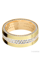 8 mm wide/Flat/14K Yellow Gold band with a Side Eternity arrangement of .01 carat Round Diamond stones in a Bead Channel setting and featuring a a 2 Row Eternity arrangement of .015 carat Round Diamond stones in a Bead Channel setting