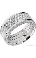 10 mm wide/High Bevel/14K White Gold band with a Bevel Eternity arrangement of .01 carat Round Diamond stones in a Bead setting and featuring a a 3 Row Eternity arrangement of .03 carat Round Diamond stones in a Bead Channel setting