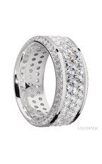 10 mm wide/High Bevel/14K White Gold band with a Bevel Eternity arrangement of .01 carat Round Diamond stones in a Bead setting and featuring a a 3 Row Eternity arrangement of .03 carat Round Diamond stones in a Bead Channel setting