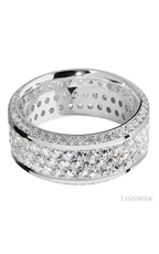 10 mm wide/High Bevel/14K White Gold band with a Bevel Eternity arrangement of .01 carat Round Diamond stones in a Bead setting and featuring a a 3 Row Eternity arrangement of .03 carat Round Diamond stones in a Bead Channel setting