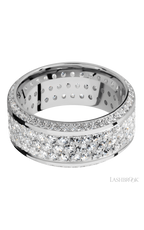 10 mm wide/High Bevel/14K White Gold band with a Bevel Eternity arrangement of .01 carat Round Diamond stones in a Bead setting and featuring a a 3 Row Eternity arrangement of .03 carat Round Diamond stones in a Bead Channel setting