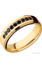 6 mm wide/Beveled/14K Yellow Gold band with an  arrangement of 9, .05 carat Round Black Diamond stones in a Bead Channel setting.
