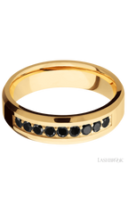 6 mm wide/Beveled/14K Yellow Gold band with an  arrangement of 9, .05 carat Round Black Diamond stones in a Bead Channel setting.