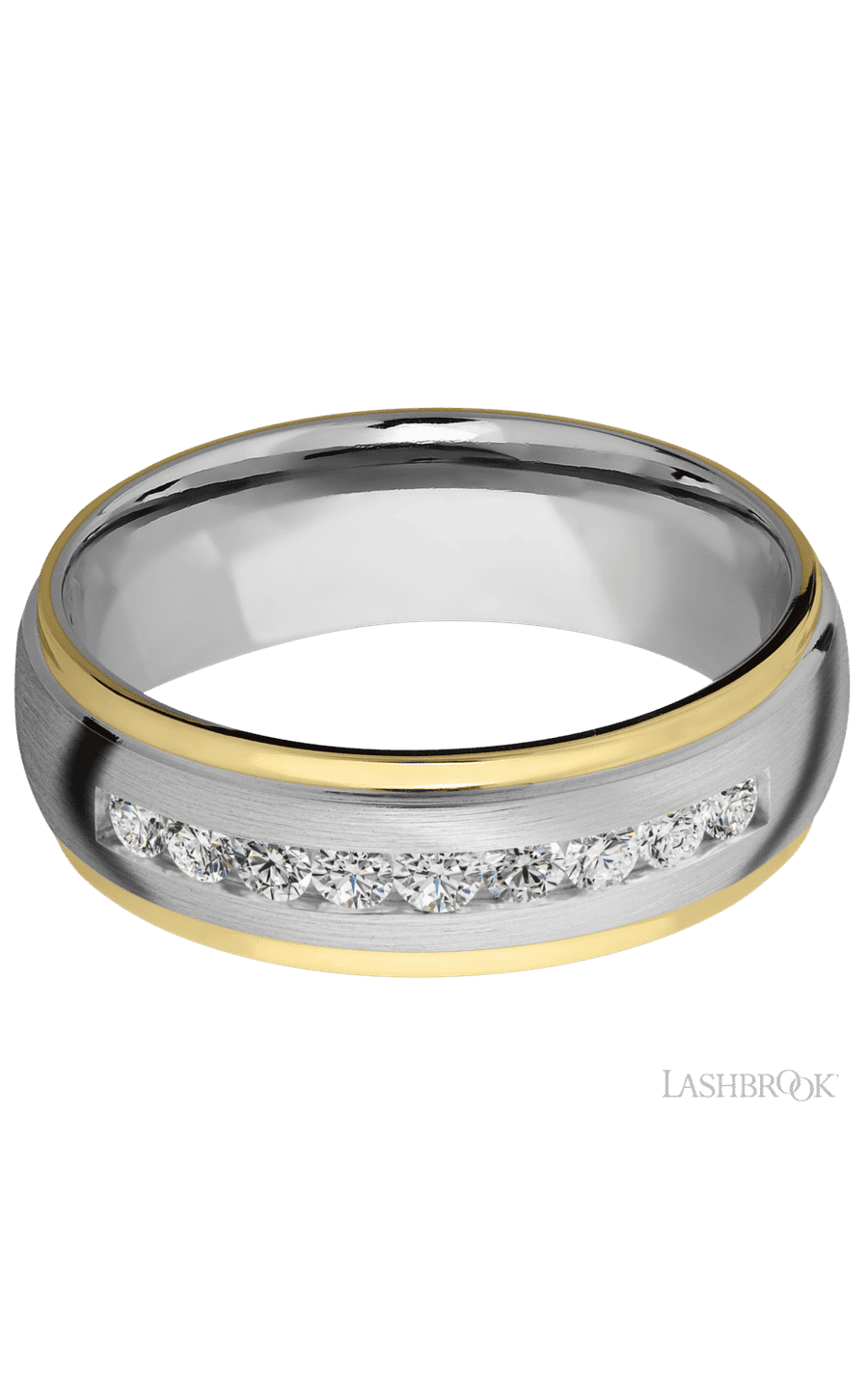 7 mm wide/Domed Stepped Down Edges/Cobalt Chrome band with  two 1 mm Edge inlays of 14K Yellow Gold and featuring an  arrangement of 9, .05 carat Round Diamond stones in a Channel setting
