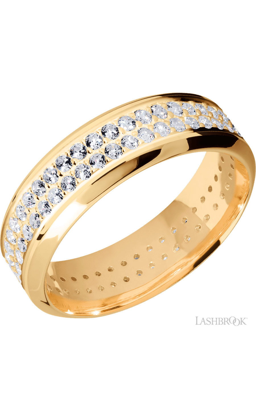 7 mm wide/High Bevel/14K Yellow Gold band with a 2 Row Eternity arrangement of .015 carat Round Diamond stones in a Bead Channel setting.