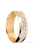 7 mm wide/High Bevel/14K Yellow Gold band with a 2 Row Eternity arrangement of .015 carat Round Diamond stones in a Bead Channel setting.