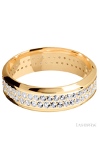 7 mm wide/High Bevel/14K Yellow Gold band with a 2 Row Eternity arrangement of .015 carat Round Diamond stones in a Bead Channel setting.