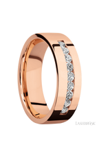7 mm wide/Flat/14K Rose Gold band with an  arrangement of 9, .05 carat Round Diamond stones in a Channel setting.