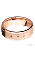 7 mm wide/Flat Stepped Edges Milgrain/14K Rose Gold band with an  arrangement of 3, .03 carat Round Diamond stones in a Flush setting.