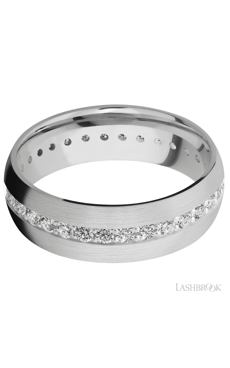 7 mm wide/Domed/14K White Gold band with an Eternity arrangement of .03 carat Round Diamond stones in a Bead Channel setting.