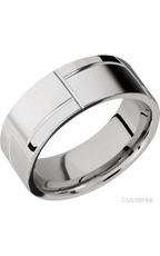 8 mm wide/Flat/14K White Gold band with a machined 3GOCHR pattern.