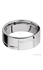8 mm wide/Flat/14K White Gold band with a machined 3GOCHR pattern.