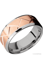 8 mm wide/Beveled/14K White Gold band with one 6 mm Centered inlay of 14K Rose Gold with a machined Flatweave pattern.