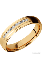 5 mm wide/Flat Grooved Edges/14K Yellow Gold band with an  arrangement of 9, .03 carat Round Diamond stones in a Channel setting.